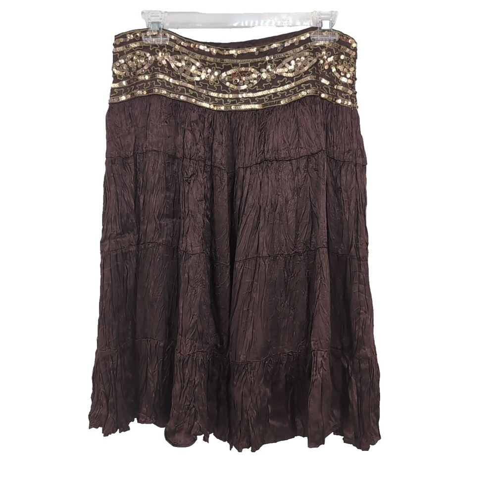 Cache Brown Crinkle Broomstick Midi Skirt Sequin Embroidered Waist Boho Womens 2 - Picture 1 of 11